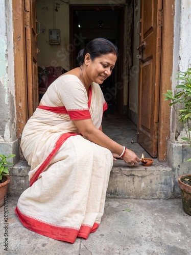 Woman Lighting Oil Lamp at Doorstep in Kolkata