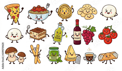 Bild auf Leinwand Funny Italian Cuisine Character Collection Vector Illustration