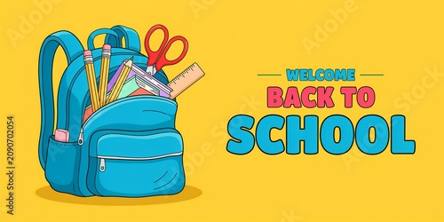Blue backpack filled with school supplies depicted in a colorful vector illustration with a yellow background schoolbag rucksack satchel bag