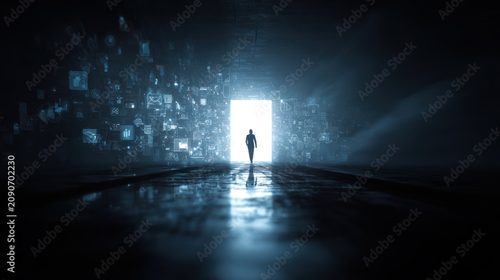 Obraz premium Silhouette figure walks toward a bright portal