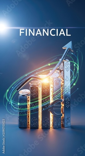 Financial growth bar chart showcasing upward market trend arrow with glowing currency symbol, demonstrating economic profit, capital investment, banking strategy, corporate wealth development success.