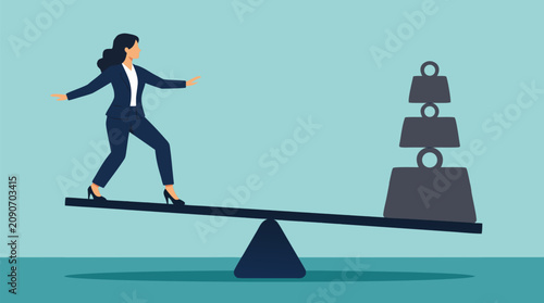 Businesswoman balancing on seesaw against stacked heavy weights, metaphorical flat vector illustration of workplace pressure, risk, inequality, resilience, career challenge and strategic balance