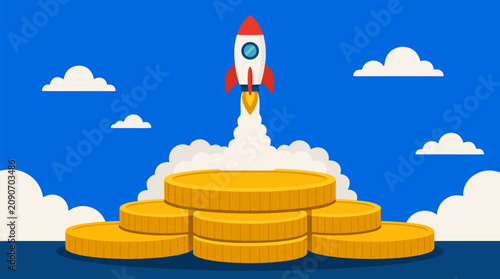 Small rocket launching from a platform of enormous gold coins, bold startup investment vector showing funding growth, profit acceleration, innovation, ambition and financial success in bright blue sky
