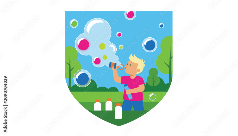 Fototapeta premium Little boy blowing large colorful soap bubbles in the park vector illustration