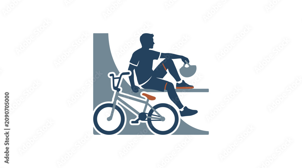 Obraz premium A silhouette illustration of a BMX rider resting by his bicycle on a skate ramp.