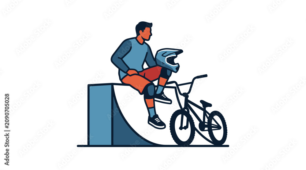 Obraz premium Illustration of a BMX rider resting on a ramp with his bike.