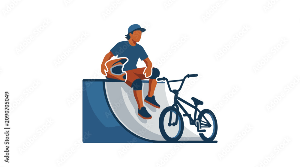 Obraz premium Young bmx rider sitting on a skate ramp.
