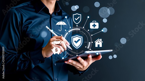 Businessman using digital financial security and insurance protection technology