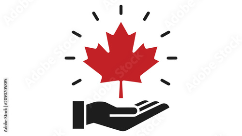 Schilderij op canvas Hand holding a maple leaf icon symbolizes care for the nation of Canada