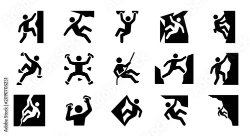 Canvas Print Rock Climbing Icons: Silhouette Set of Climbers Ascending Mountains and Cliffs