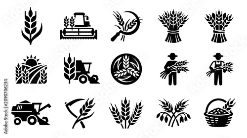 Schilderij op canvas Agricultural Icons: Wheat, Combine Harvester, Farmer, Scythe, Basket - Black & W