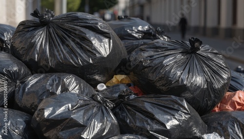 A large pile of tightly tied black garbage bags stacked outdoors on a city street near buildings.