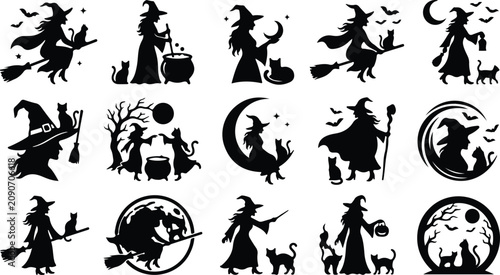 Photos Halloween witch silhouettes collection with cats broomsticks and crescent moons