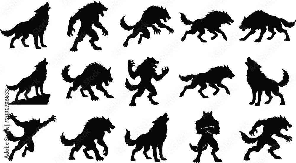 Obraz premium Collection of wolf and werewolf silhouettes in various poses