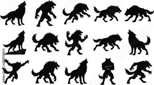 Foto Collection of wolf and werewolf silhouettes in various poses