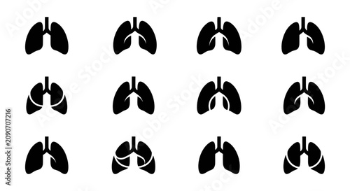 Quadro su tela Set of Black Lungs Icons on White Background, Respiratory System Illustration
