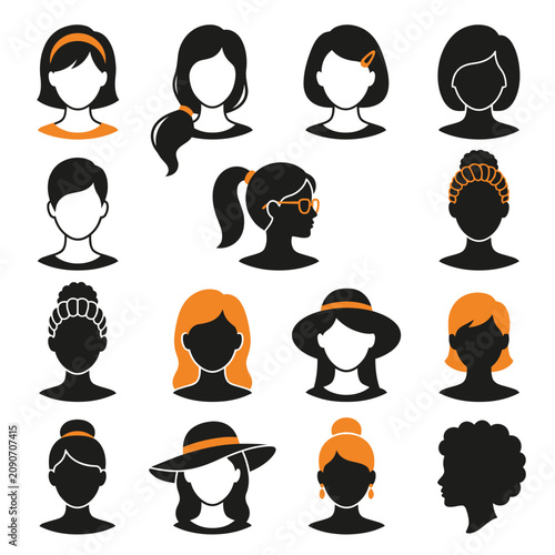 Minimalist female avatar silhouettes colored in black white and orange