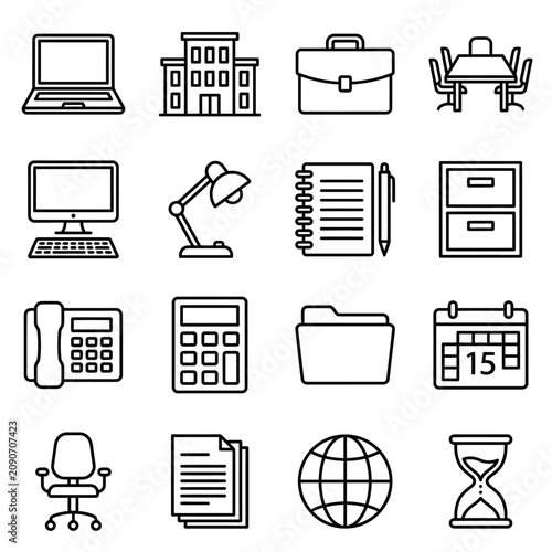 Minimalist line icons representing professional business office workspace symbols perfectly