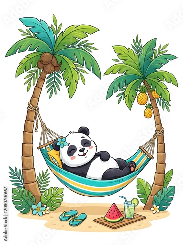 Cute panda bear relaxing in a hammock between two tropical palm trees on a sandy beach.