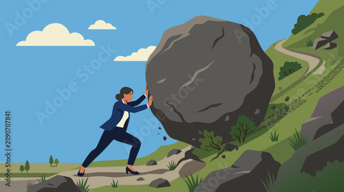 Determined businesswoman pushing back giant rolling boulder on mountain road, bold vector illustration of corporate pressure, resilience, leadership, risk management and overcoming obstacles
