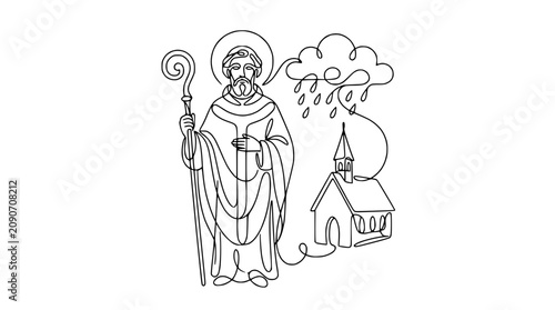 Foto Saint Patrick line art with rain cloud over church, Irish religious symbol