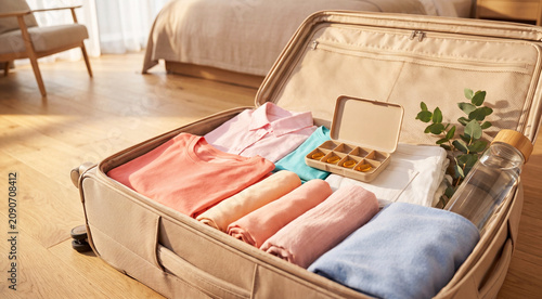 Close-up of a compact pill organizer with capsules placed on neatly folded clothes inside an open suitcase.Concept of travel wellness routine, healthy habits on the go, packing vitamins for vacation.