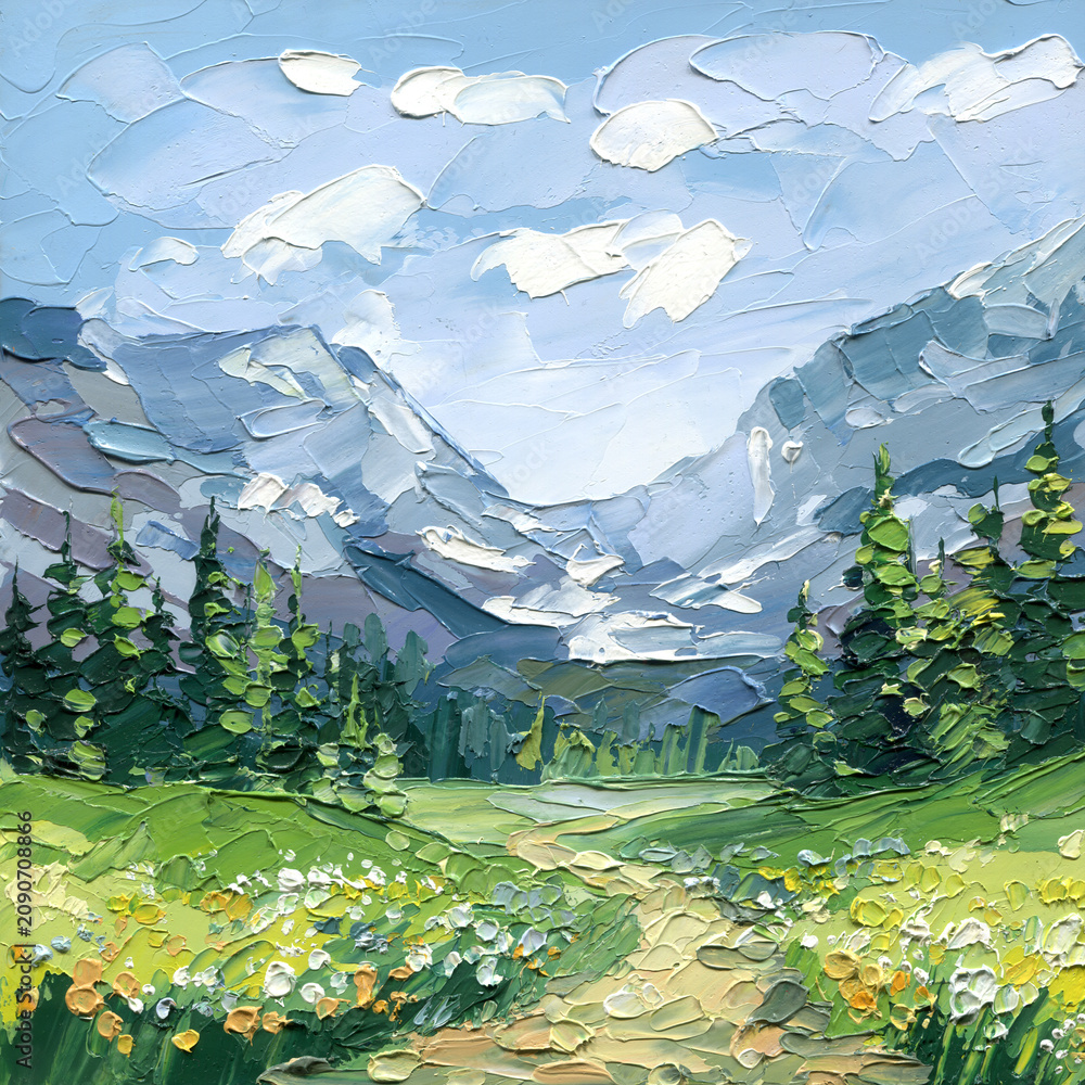Obraz premium Mountain meadow oil painting with alpine peaks pine forest wildflowers green valley and textured summer sky