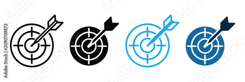 Foto Business strategy target icon set, arrow hitting bullseye symbols for success, goals, achievement, planning, marketing, and growth concepts
