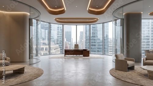 Modern executive office with panoramic city skyline at sunrise, elegant architecture, clean minimalist workspace and generous copy space. Premium corporate wallpaper ideal for business branding.