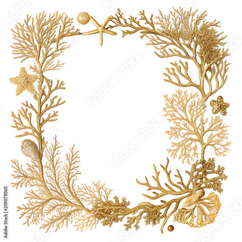 Elegant golden coral and starfish square frame on white background.
