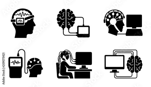EEG Brainwave Monitoring Icons, Neuroscience Research Vector Set, Medical Technology Concept Graphics
