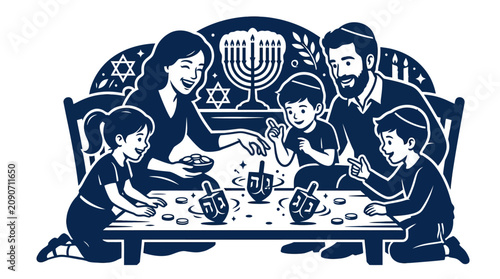 Tableau sur toile Happy Family Celebrating Hanukkah, Playing Dreidel Game