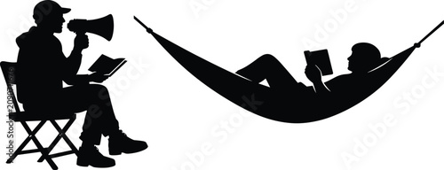 Tableau sur toile Silhouettes of director with megaphone and reader in hammock symbolizing communi