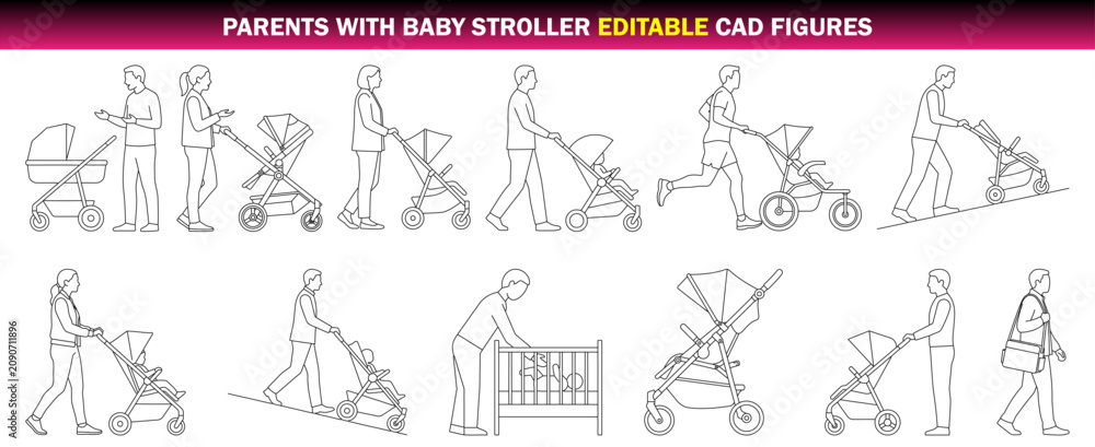 Obraz premium Parents with Baby Stroller Editable CAD Figures – Mothers, Fathers and Baby Pram Collection for Architectural Drawings
