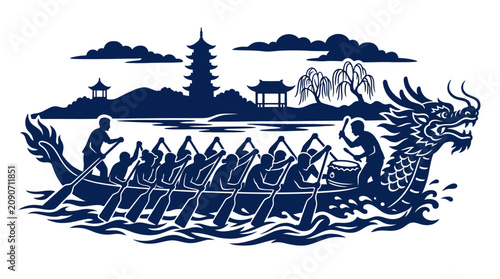 Dragon Boat Race Festival Celebration Silhouette with Pagoda and Willow Tree