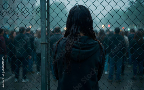Woman with dark hair seen from behind standing in front of a chain link fence looking at a blurred crowd of people in a dark foggy setting