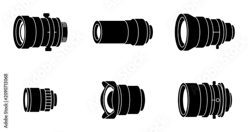 Foto Set of 6 Camera Lens Icons, Vector Graphics, Photography Equipment, Professional