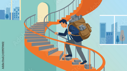 Determined businessman struggling to climb winding orange staircase while carrying heavy backpack loaded with concrete bricks in modern urban office building environment vector illustration