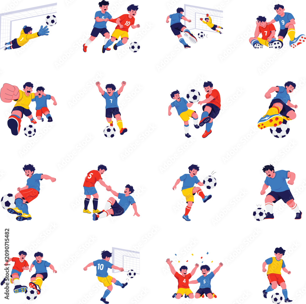 Fototapeta premium Flat soccer illustrations featuring goalkeeper saves, player duels, goals, celebrations, defeats, victories, tactical plays, teamwork, training, and goalkeeper positions. 