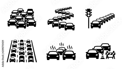 Φωτογραφία Traffic Jam Icons Set: Congested Roads, Cars, Traffic Lights, Gridlock, Congesti