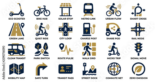 Mobility Icons Set with Eco Scooter, Bike Hub, Solar Stop, Metro Link, Urban Flow, and Signal Move Symbols