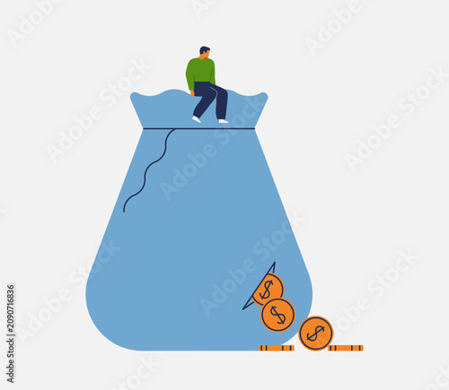 man sitting on the big bag with money and watching how coins falling from the hole. financial loss, recession, and bankruptcy. Lost savings concepts. vector illustration