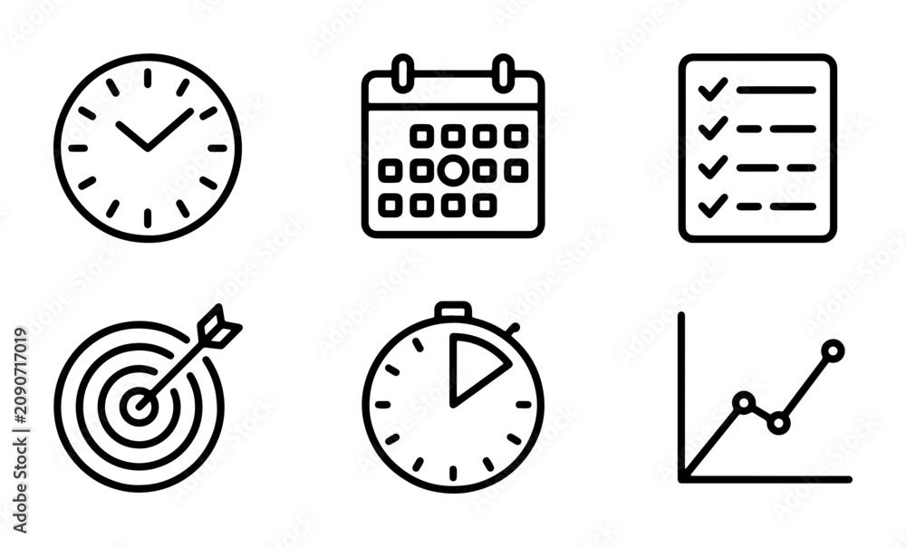 Fototapeta premium Business Icons: Clock, Calendar, Checklist, Target, Stopwatch, Graph, Vector Set for Planning & Strategy