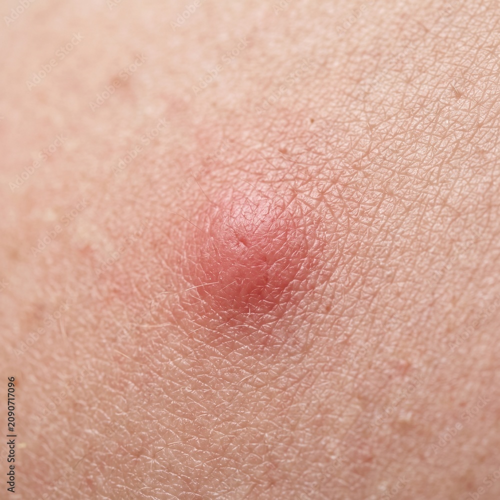 Fototapeta premium Close up of a single swollen mosquito bite on human skin background, inflamed insect sting macro texturing