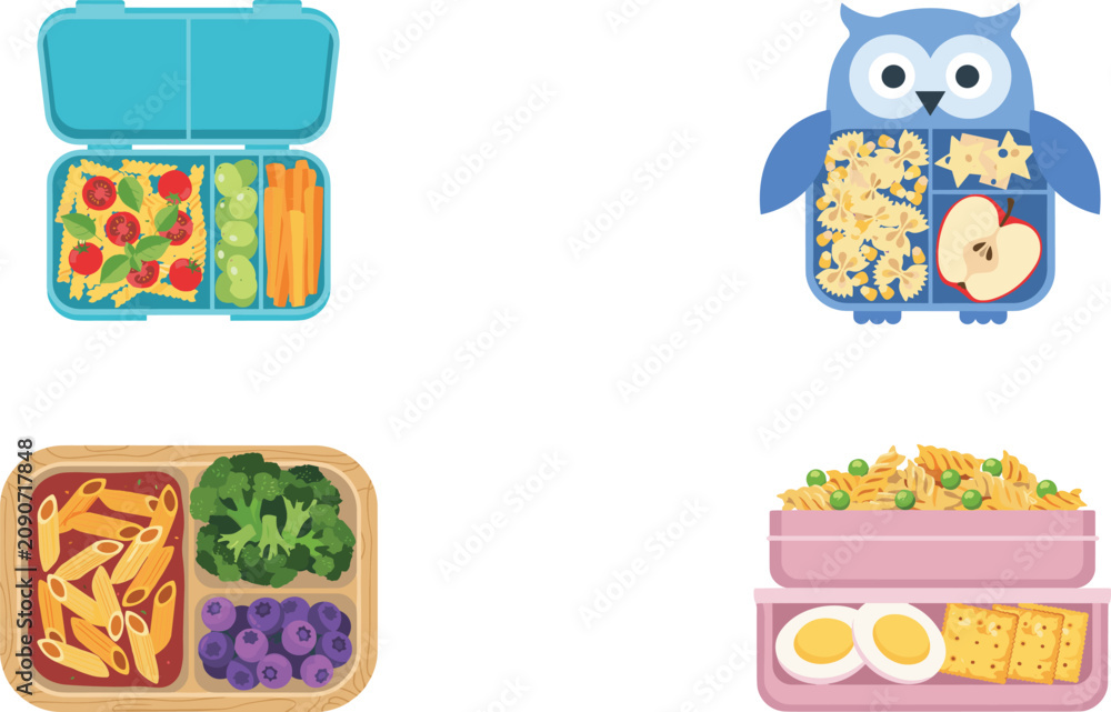 Fototapeta premium Healthy Kids Lunch Box Vector Set Featuring Bento Boxes Packed with Pasta, Fresh Broccoli, Blueberries, Boiled Eggs, Crackers, and Apple Slices