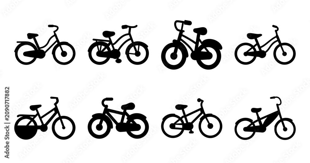 Obraz premium Six different bicycle types in black silhouette style - A collection of six distinct bicycle designs illustrated in sleek black silhouette, showcasing variety in styles from mountain to city bikes.