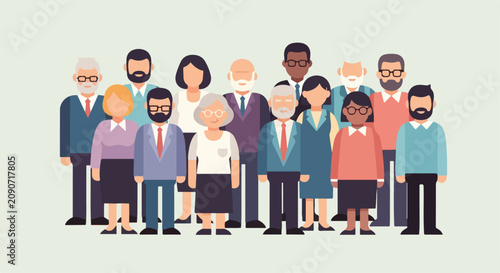 Diverse group of people and senior citizens flat vector illustration, multiethnic community of men and women, professional business team characters