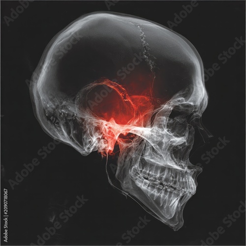 Transparent skull hologram highlights temporal bone in glowing red.