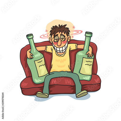 A drunken man smiles hugging a liquor bottle.