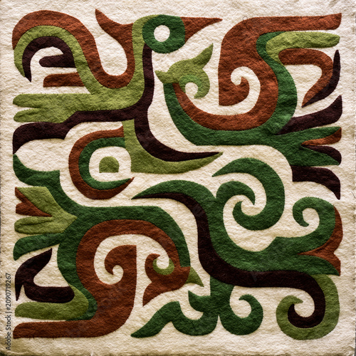Traditional Kyrgyz Shyrdak felt rug illustration with bird flight motif